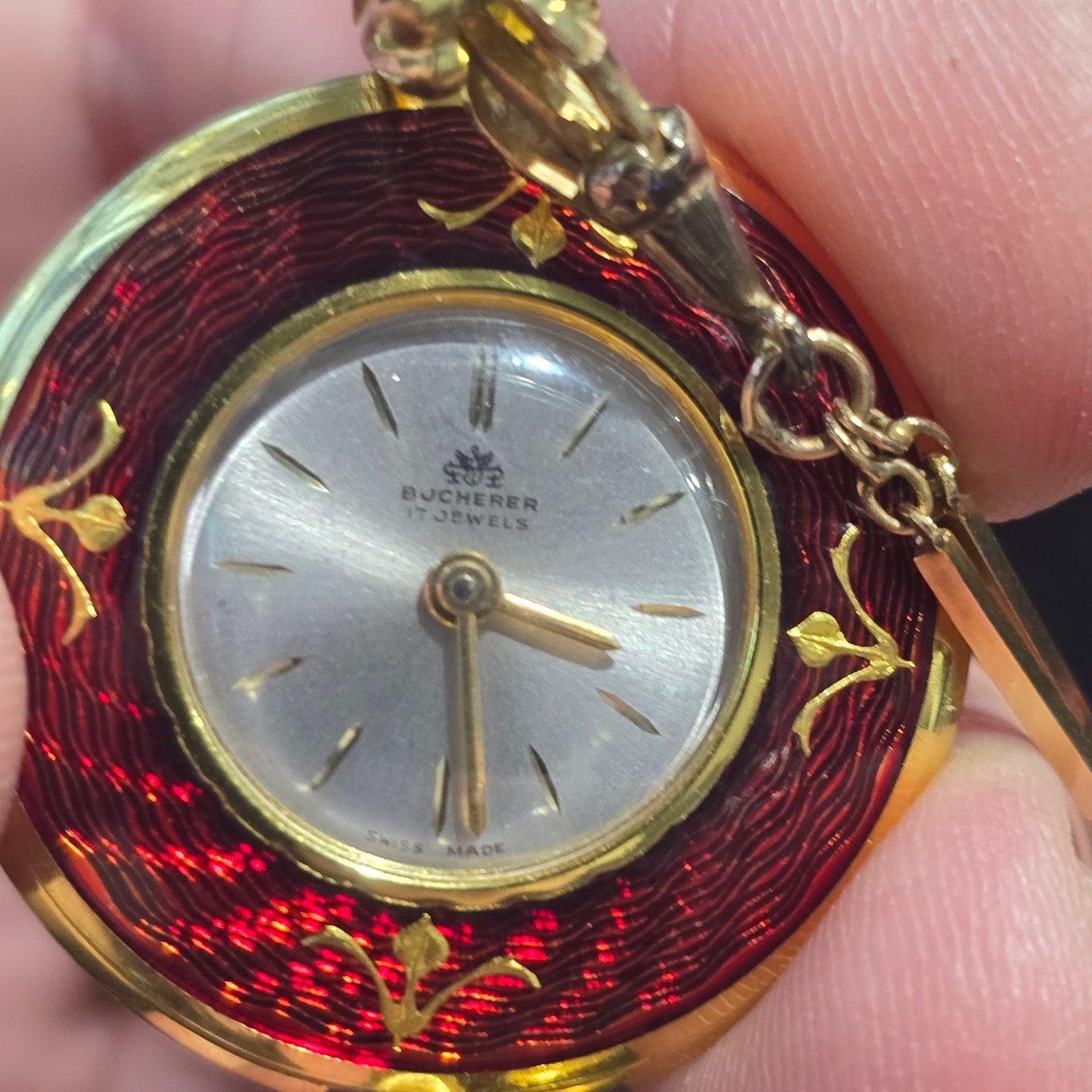 Vintage Bucherer 17 Jewel Swiss Red Enamel Pendant Watch W Chain
